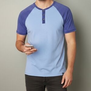Flag & Anthem T-Shirt Men's 2 Tone Blue Henley Short Sleeve Lightweight, SMALL